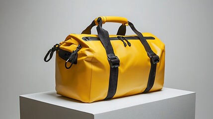 A yellow waterproof duffle bag with black straps, combining bold color with practicality.