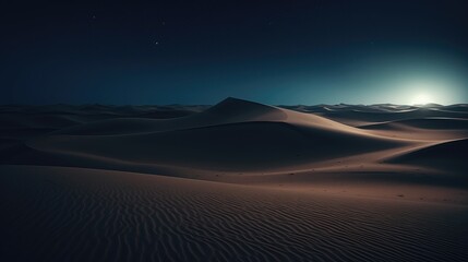 Sand dunes overlooking the sunset, sunrise. Desert at night under a starry sky. In the night sky galaxies and nebulae. Mystical, surreal background.