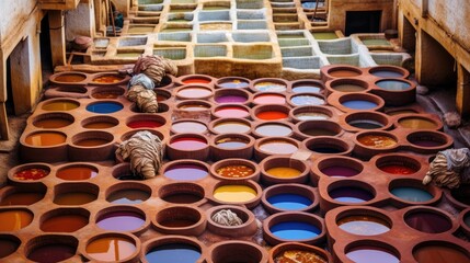 Obraz premium Traditional tannery. Many stone vats filled with colorful dye to process leather according to ancient techniques.
