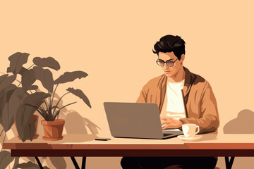 Focused man working laptop coffee