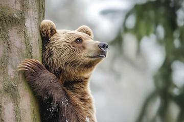 Obraz premium Brown bear is leaning against a tree trunk. The bear has a black nose and is looking up. Brown bear in winter