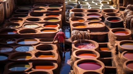 Traditional tannery. Many stone vats filled with colorful dye to process leather according to ancient techniques.