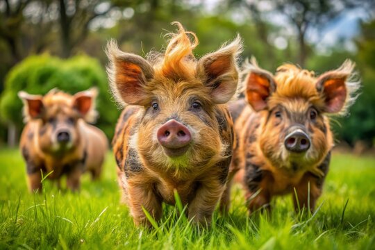 Adorable kunekune pigs delight in lush green fields, their unique wrinkled skin and curly tails standing out as