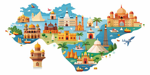 Illustrated map of India showcasing famous landmarks and cultural icons, India, map, illustrated, landmarks, culture