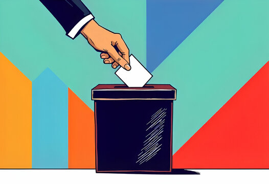 A ballot is placed into a voting box by a person in a colorful geometric background.
