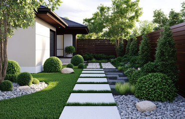 Design an Australian modern front garden for the exterior of a contemporary home with a minimalist design. The garden features green grass, decorative stones, and white concrete pavers in a path leadi
