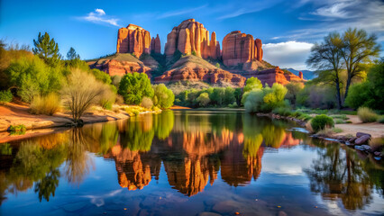 Iconic Cathedral Rock reflected in calm waters of Red Rock Crossing, Sedona, Arizona