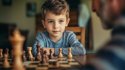 Boy playing chess with a focused expression