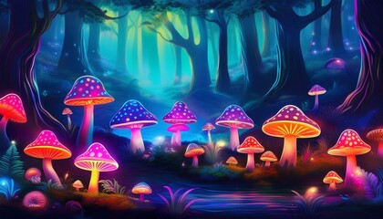 Glowing spotted fluorescent mushrooms, mystic luminescent forest, psychedelic colors
