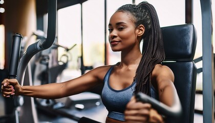 Fototapeta premium african American athletic woman using exercise machine during sports training
