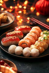 A variety of Chinese dim sum (Dian Xin) on a platter, surrounded by Chinese New Year lights and decorations, perfect for promoting traditional family gatherings and festive meals.
