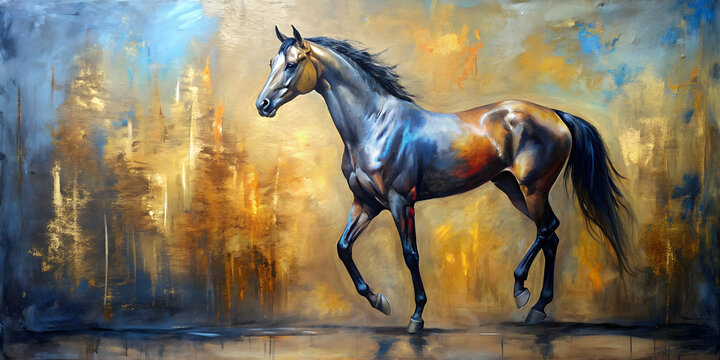 ?lgem?lde eines Pferdes auf Leinwand in Gold, Schwarz, Blau, Rot und Grau, Pferd, ?lgem?lde, Leinwand, Kunst, Gold, Schwarz, Blau