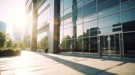 Exterior of a large glazed modern office building, business center on a bright sunny day. A deserted city street is reflected in the windows.