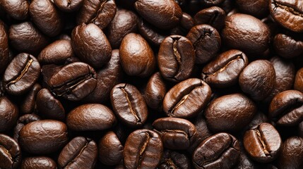 Fototapeta premium A close-up view of a pile of roasted coffee beans, the rich brown shades and slight oil sheen suggesting a fresh, aromatic brew.
