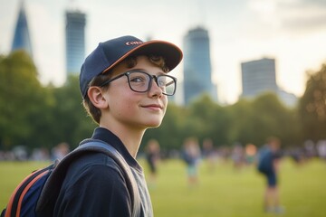 Obraz premium A young boy wearing glasses looks thoughtfully into the distance. The city skyline is behind him on a sunny day. He embodies curiosity and adventure. Generative AI