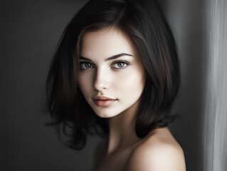 Fototapeta premium Feminine and gentle woman with long hair, glowing perfect skin, beauty industry, beauty and health.