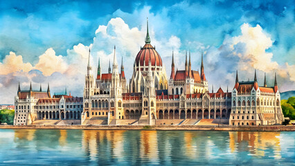 Fototapeta premium Panoramic watercolour painting of the Parliament building in Budapest, Hungary , Budapest