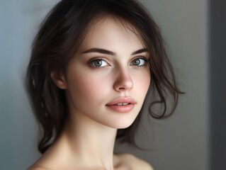 Naklejka premium Feminine and gentle woman with long hair, glowing perfect skin, beauty industry, beauty and health.