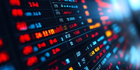 Fototapeta premium Abstract stock exchange screen with blurred numbers, graphs, and charts, with red and blue lights.