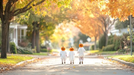 Fototapeta premium Kids in DIY Halloween costumes made from household materials wearing cute jack o lantern masks