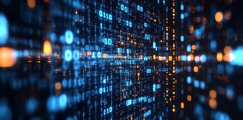 Abstract binary code background with glowing blue and orange lights.