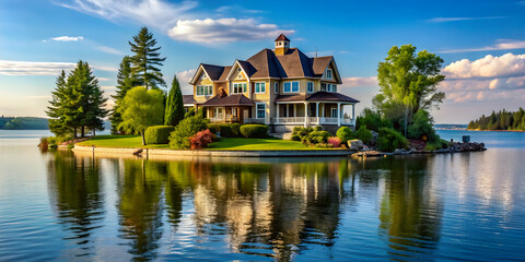 Obraz premium Serene lakeside mansion on a small island , mansion, lakeside, serene, island, water, tranquility, peaceful, luxury