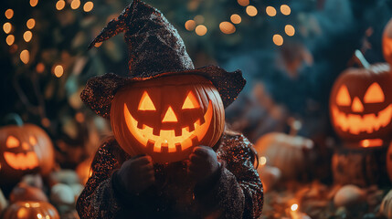 Naklejka premium Stunning Halloween costumes featuring glowing jack o' lantern masks and intricate patterns.