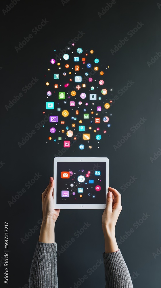 Poster Hand holding tablet with colorful app icons floating into space. Concept of infinite possibilities with apps.