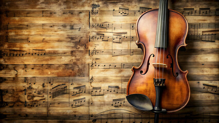 Naklejka premium Vintage violin placed on the sheet music, violin, vintage, music, instrument, classical, antique, strings, old, musical