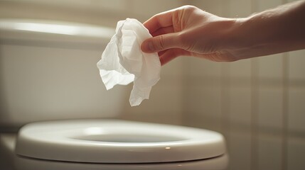 A hand about to throw a used tissue into a toilet bowl, emphasizing the action of discarding paper waste properly in a clean restroom environment.