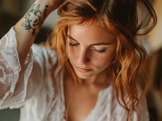 Obraz premium A woman doing her hair.