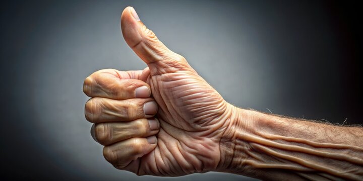 A neutral grey background provides a calming contrast to the blurry thumb, whose rapid muscle contractions create a