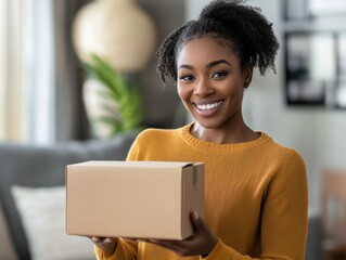 African American woman with happy smile wearing mustard sweater and holding cardboard box parcel in hands. Mail, online shopping, gifts.
