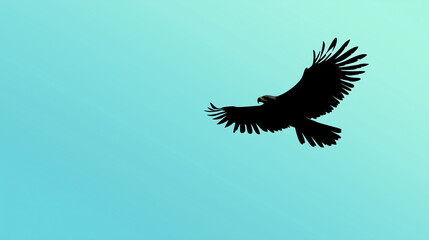 A silhouette of an eagle soaring with a gradient sky blue background , vector and minimalistic picture of an animal on a plain background