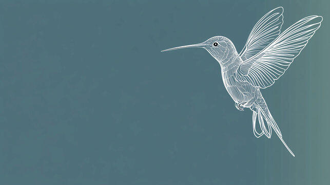A minimalist outline of a hummingbird in mid-flight with a simple blue background , vector and minimalistic picture of an animal on a plain background