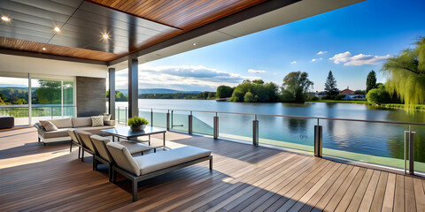 Fototapeta premium Modern Lakeside Terrace with a sleek design and beautiful water views, terrace, modern, architecture