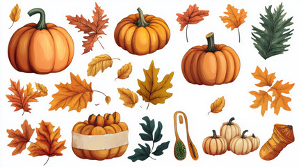 pumpkins and autumn leaves set