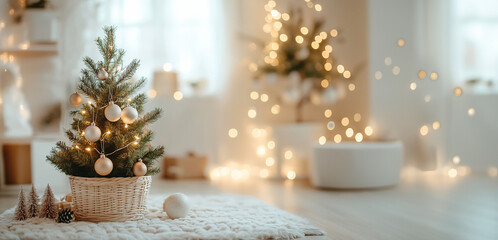 A minimalistic apartment showcases a sustainable Christmas with a beautifully decorated tree.