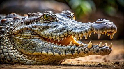 Fototapeta premium A close-up image of a menacing crocodile in the wild, wildlife, reptile, predator, dangerous, carnivore, teeth, scales