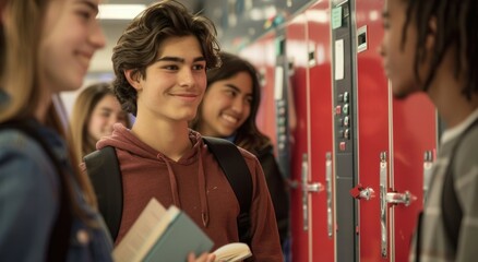 Smiling students socializing by lockers at school, International Youth Day