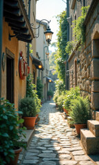 Fototapeta premium A picturesque cobblestone pathway meanders through a rustic village, flanked by lush plants in terracotta pots, illuminated by warm sunlight and inviting ambiance.