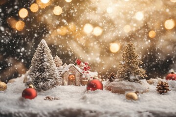 A charming holiday village complete with snow-covered trees, miniature houses, and bright decorations, capturing the essence of Christmas joy