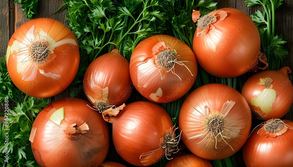 Wall mural freshly harvested onions in a vibrant flat lay for culinary inspiration and agricultural imagery