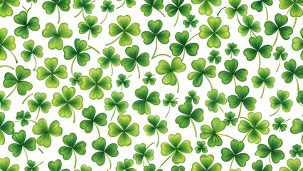 Seamless pattern featuring green clovers on a white background, luck, St. Patrick's Day, Irish, floral, nature, repetitive