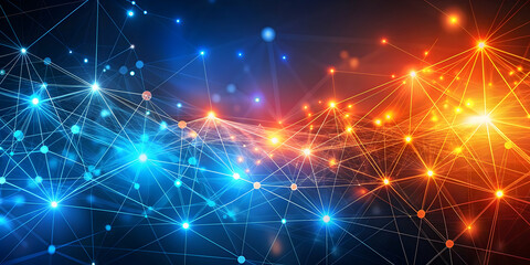 Fototapeta premium Abstract technology background with glowing connections and dots in blue, orange, and red colors , abstract, technology, background