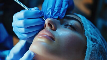 Naklejka premium Beautician performing a blackhead extraction on a client's nose, focusing on deep pore cleansing.