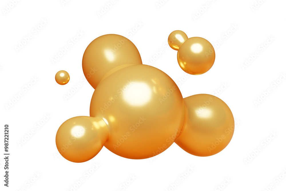 Poster golden abstract liquid metaball shape. 3d render illustration of fluid soft bubble blob. organic gol