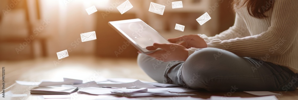 Aufkleber person using tablet with floating envelopes and scattered papers. digital communication and email ma