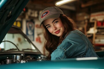 A young woman smiles while working on a classic car in a garage. The scene captures a passion for vintage automobiles and DIY spirit. Perfect for lifestyle and automotive themes. Generative AI