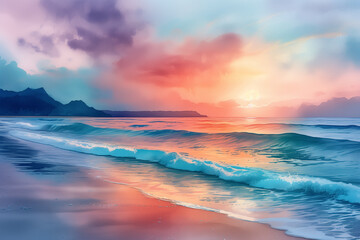 Fototapeta premium Watercolor illustration of a tranquil beach at sunrise, with soft waves, sandy shore, and warm colors in the sky, Generative AI